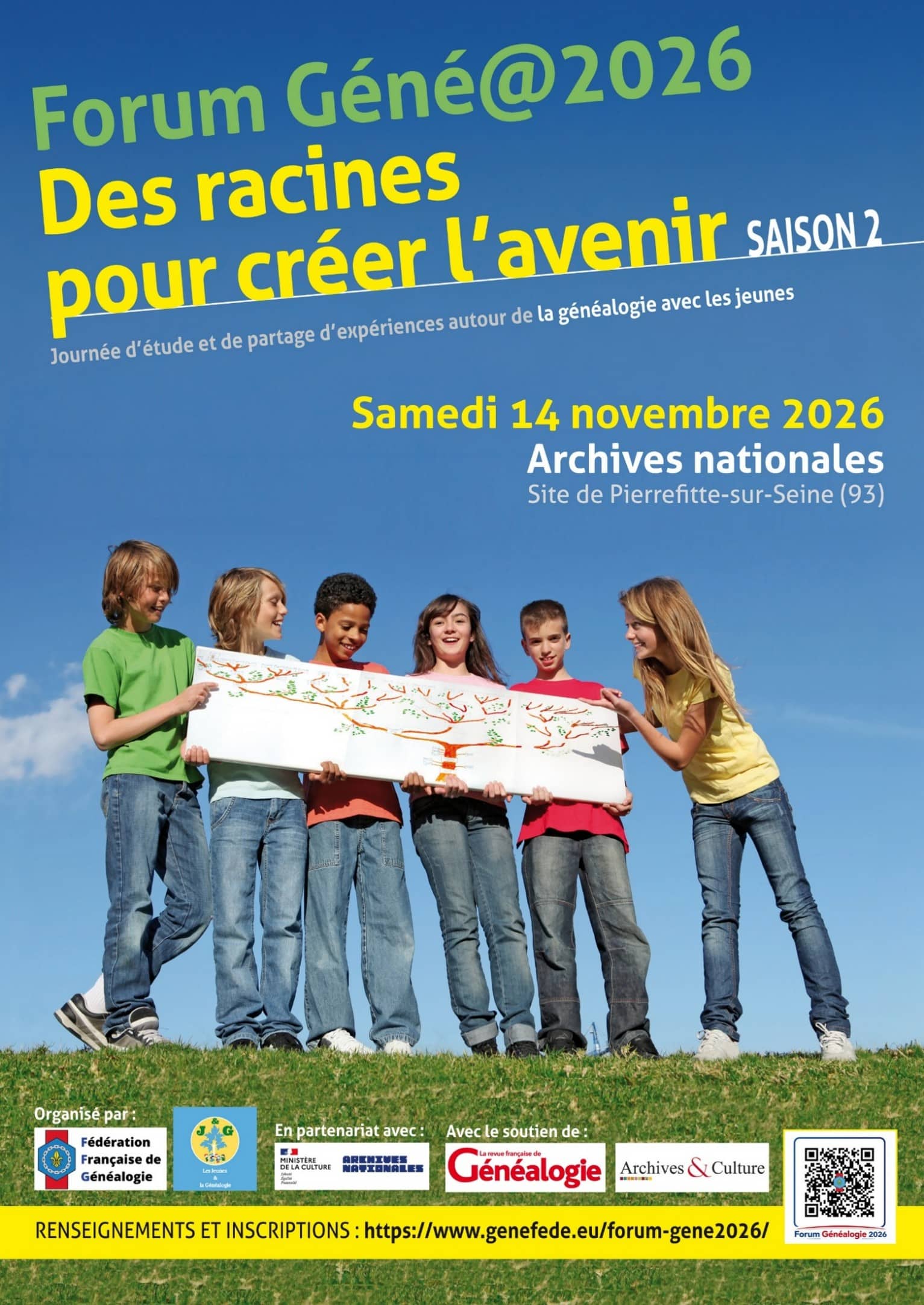 Affiche Forum Géné@2026, Des racines pour créer l'avenir, saison 2, samedi 14 novembre 2026, Archives nationales, site de Pierrefitte-sur-Seine