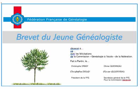 Brevet du Jeune Généalogiste, diplôme de la Fédération Française de Généalogie