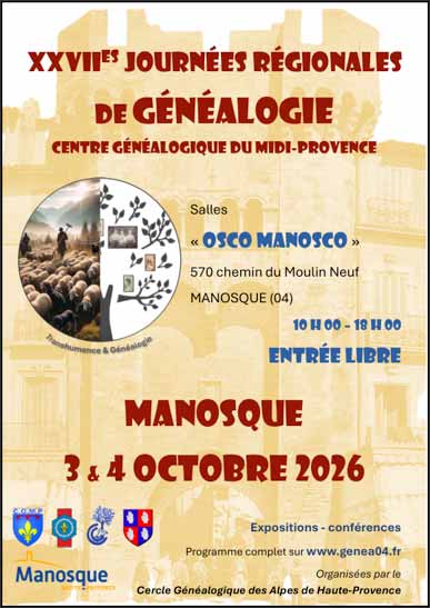 Affiche XXVIIes Journées régionales de généalogie, Centre Généalogique du Midi-Provence, Manosque, 3 et 4 octobre 2026