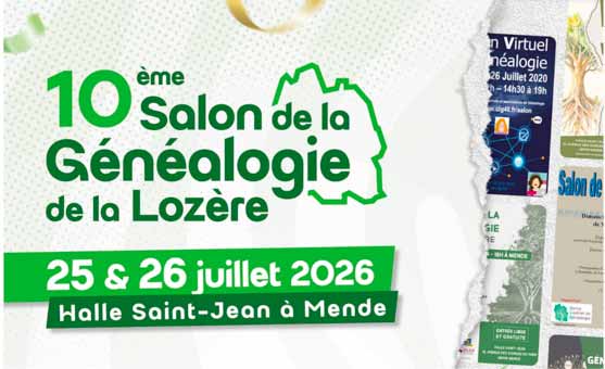 Affiche 10e Salon de la Généalogie de la Lozère, 25 et 26 juillet 2026, Halle Saint-Jean à Mende