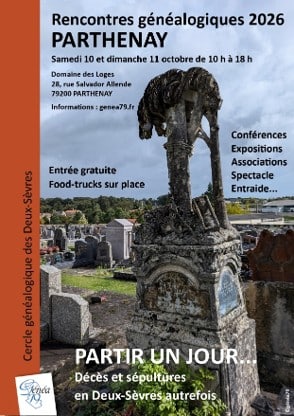 Affiche Rencontres généalogiques 2026, Parthenay, samedi 10 et dimanche 11 octobre, Domaine des Loges